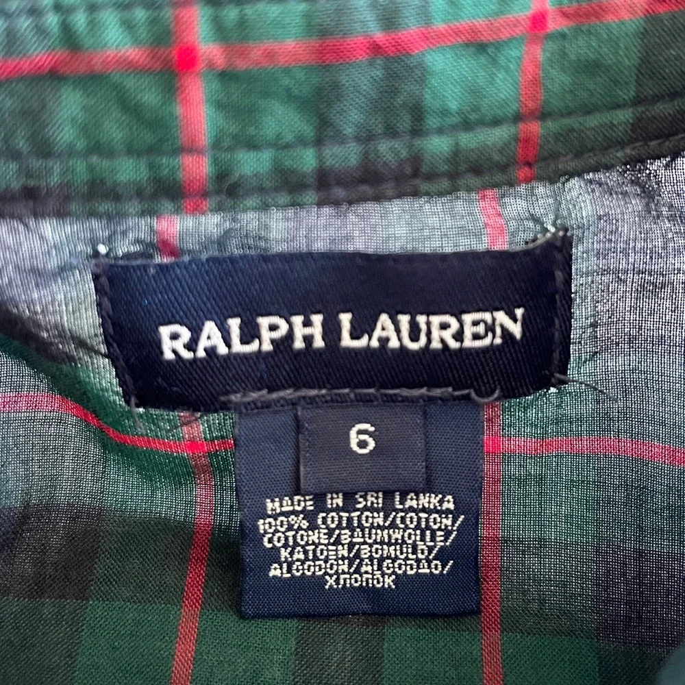 Ralph Lauren green red tartan plaid button front ruffle blouse girls 6 holiday